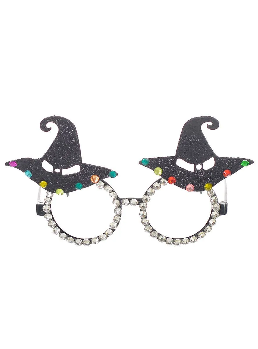 Jewelled Black Glitter Witch Hat Halloween Costume Glasses