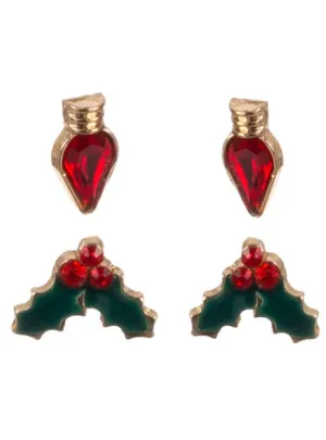 Jewelled Christmas Holly and Red Candles Set of 2 Stud Earrings