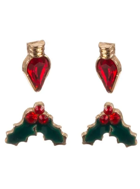 Jewelled Christmas Holly and Red Candles Set of 2 Stud Earrings