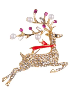 Jewelled Golden Reindeer Christmas Brooch