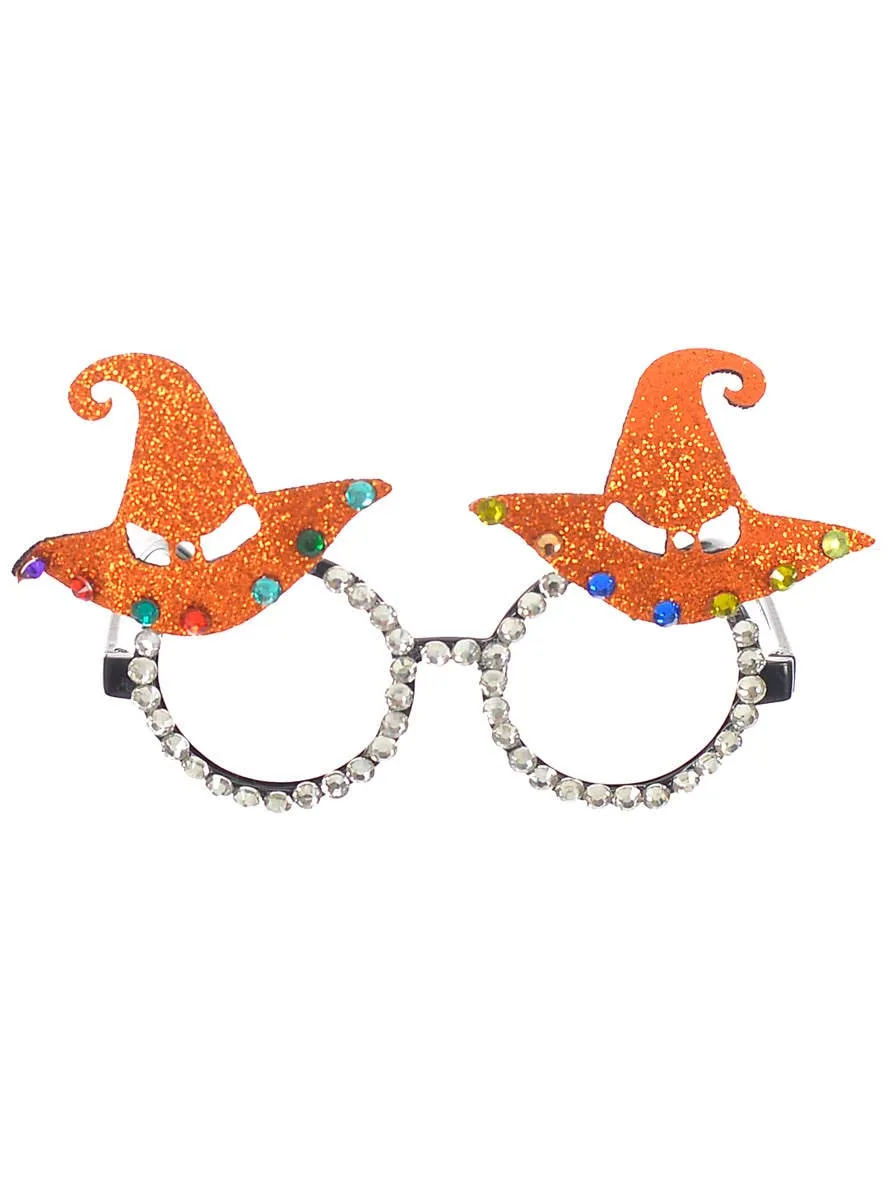 Jewelled Orange Glitter Witch Hat Halloween Costume Glasses