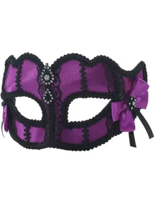 Jewelled Purple and Black Lace Masquerade Mask on Glasses Arms