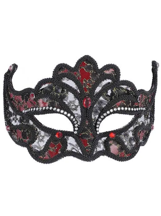 Jewelled Red and Black Lace Masquerade Mask on Headband