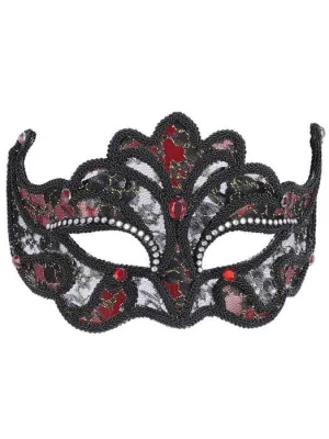 Jewelled Red and Black Lace Masquerade Mask on Headband