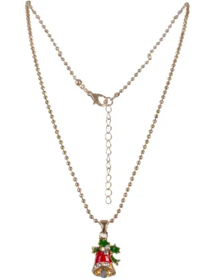 Jewelled Red and Green Christmas Bell Pendant on Gold Bead Necklace