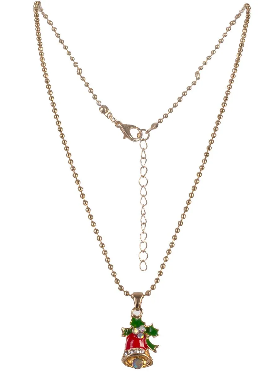 Jewelled Red and Green Christmas Bell Pendant on Gold Bead Necklace