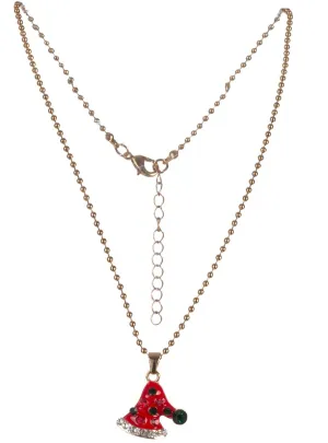 Jewelled Red and Green Santa Hat Pendant on Gold Bead Necklace