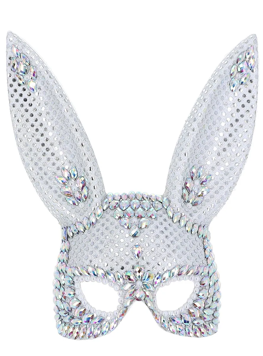 Jewelled Silver Womens Bunny Costume Mask