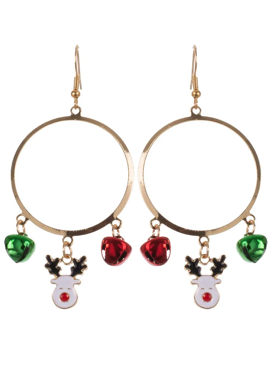 Jingly Red and Green Hoop Christmas Earrings with Reindeer