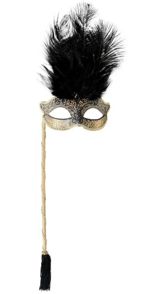 Josephine Black and Gold Masquerade Mask on Stick