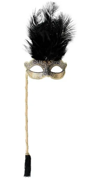 Josephine Black and Gold Masquerade Mask on Stick