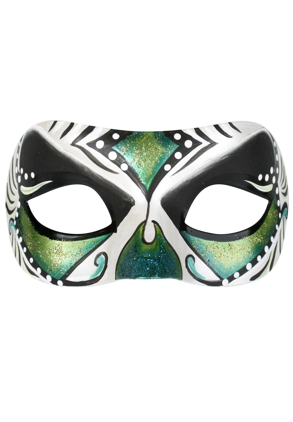 Juanita Green and White Day of the Dead Masquerade Mask