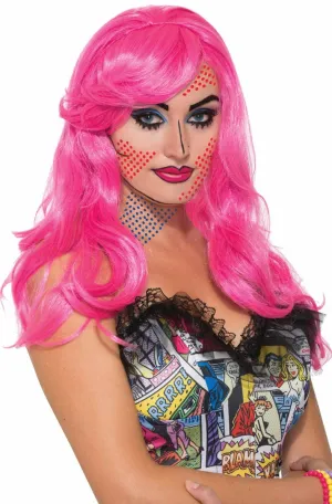 Katie Kapow Long Curly Pink Womens Pop Art Costume Wig