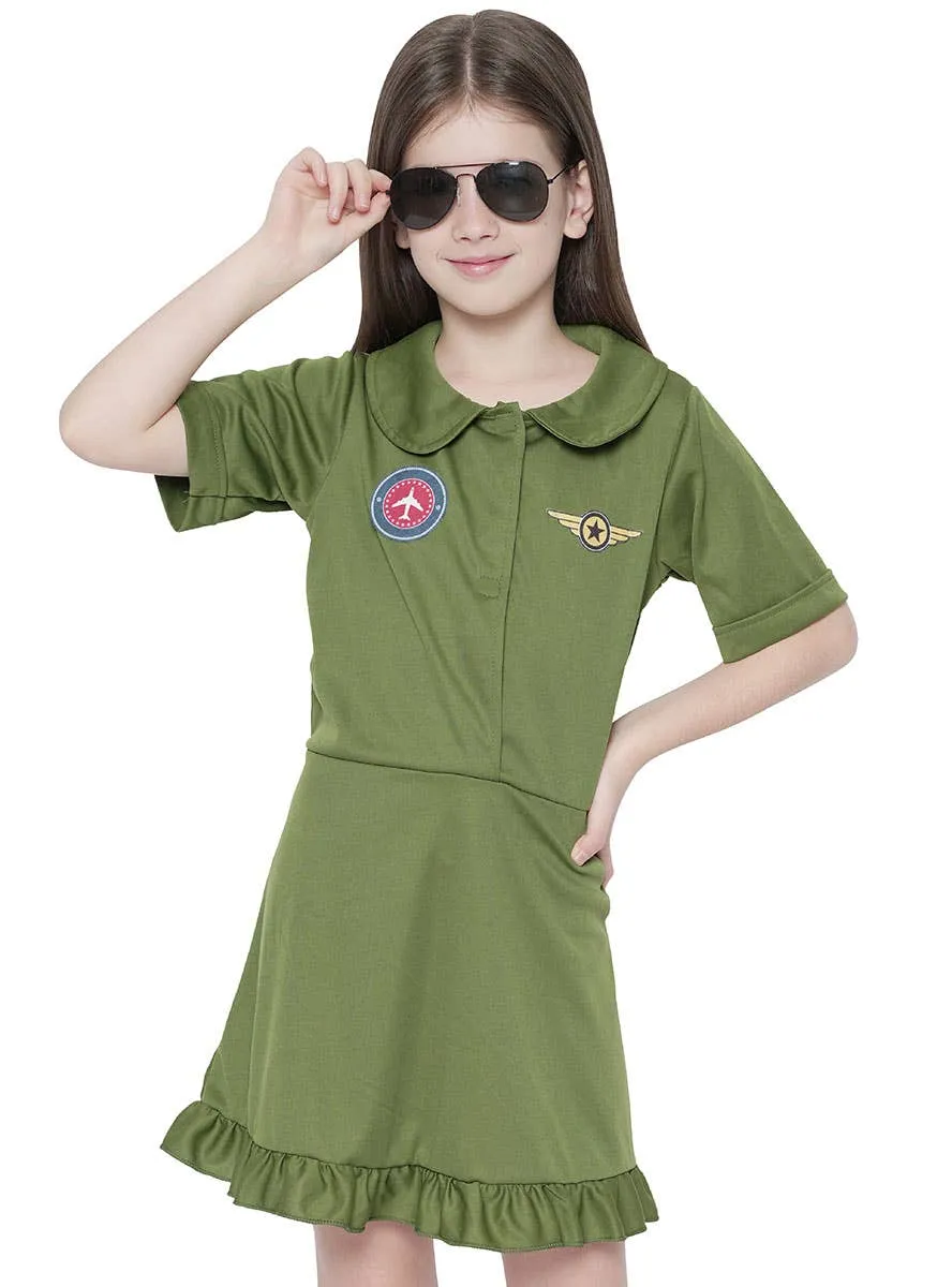 Khaki Fighter Pilot Girls Aviator Dress Up Costume