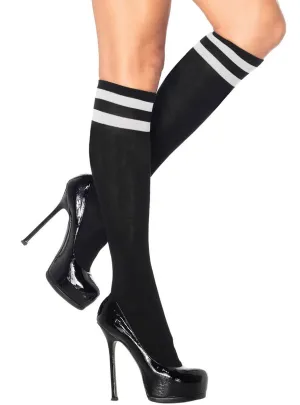 Knee High Black Stockings with White Stripes