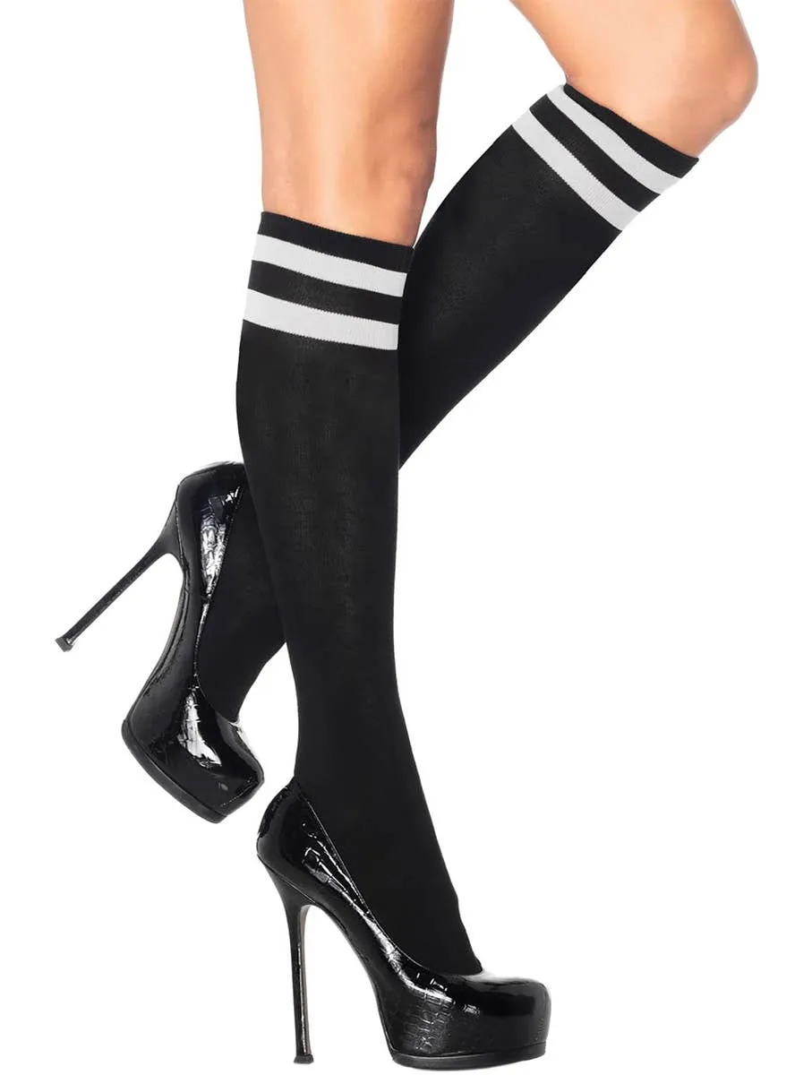 Knee High Black Stockings with White Stripes