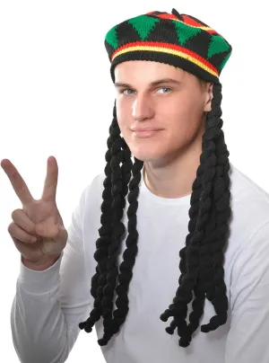 Knitted Adults Rasta Beanie with Black Dreadlocks