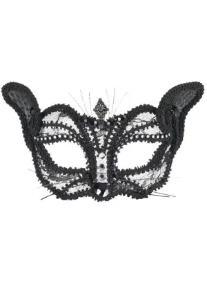 Lace Black Cat Masquerade Mask on Glasses Arms