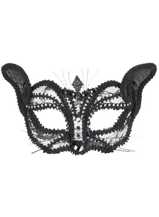 Lace Black Cat Masquerade Mask on Glasses Arms