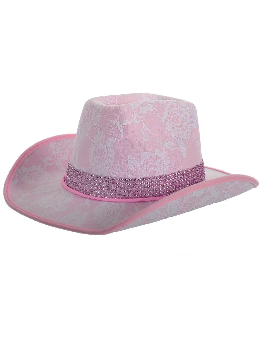 Lace Pink Cowgirl Festival Hat with Rhinestone Band