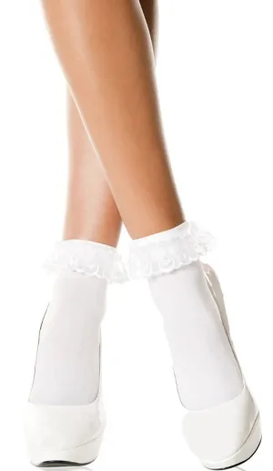 Lace Ruffle Womens White Opaque Anklet Stockings