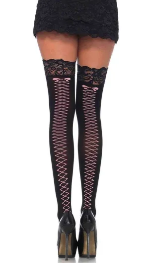 Lace Top Black Thigh Highs with Pink Corset Backseam