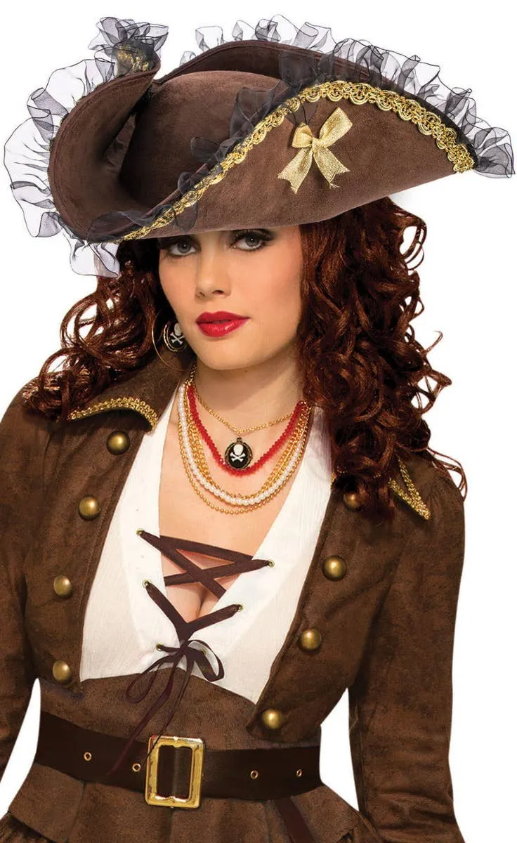 Lace Trim Womens Brown Pirate Costume Hat