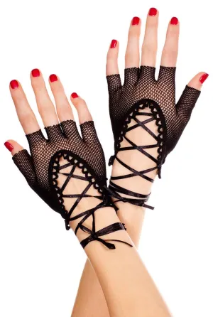 Lace Up Black Fingerless Fishnet Gloves