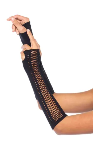 Lace Up Long Black Fingerless Gloves