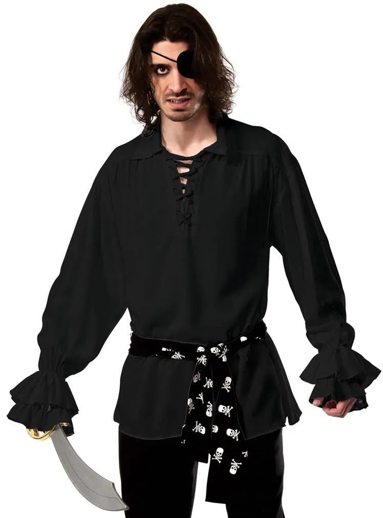 Lace Up Mens Black Pirate Shirt with Skull Belt