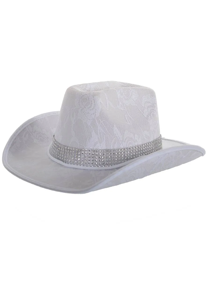 Lace White Cowgirl Festival Hat with Rhinestone Band