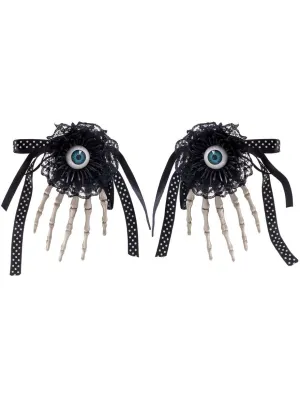 Lacy Black Skeleton Hands with Eyeballs Halloween Hair Clip Accessory
