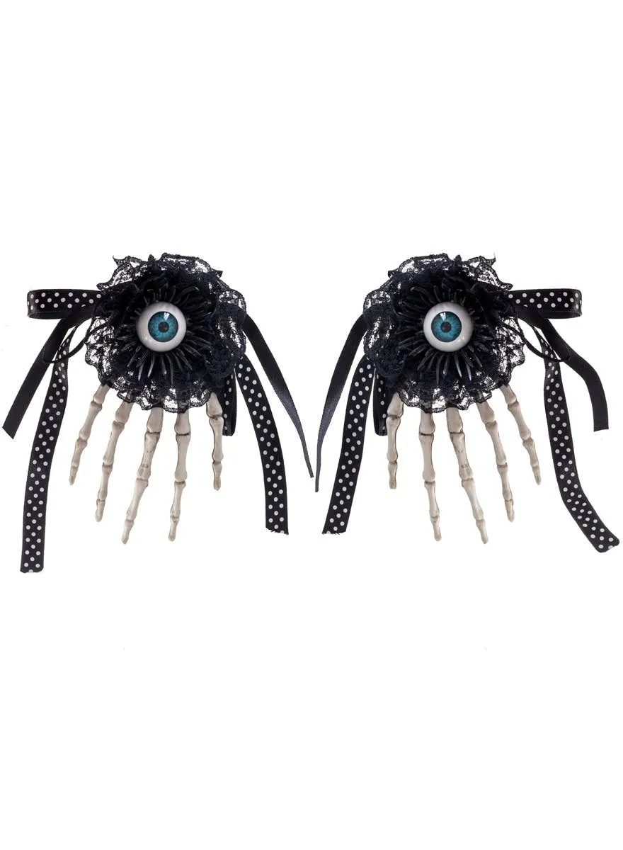 Lacy Black Skeleton Hands with Eyeballs Halloween Hair Clip Accessory