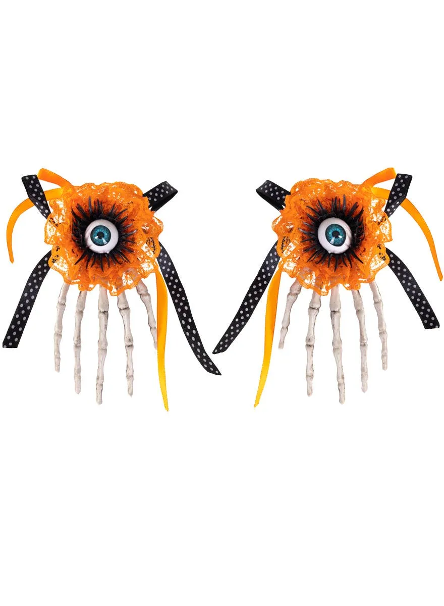 Lacy Orange Skeleton Hands with Eyeballs Halloween Hair Clip Accessory