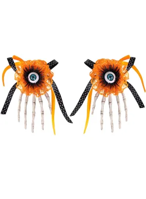 Lacy Orange Skeleton Hands with Eyeballs Halloween Hair Clip Accessory