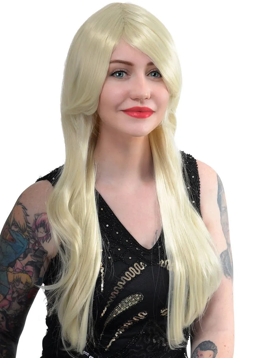 Laila Wavy Long Blonde Womens Costume Wig with Side Fringe