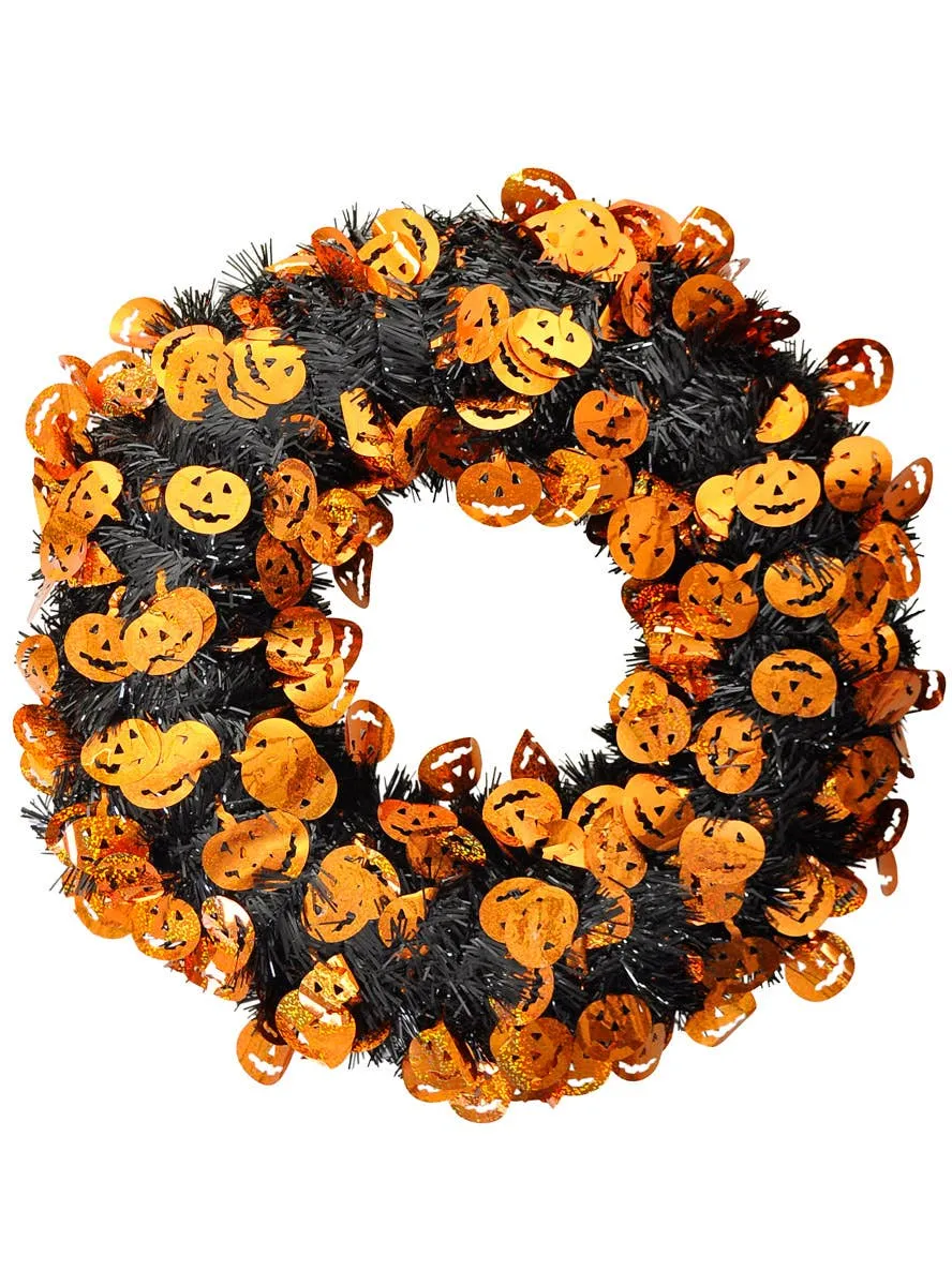 Large Black and Orange Tinsel Pumpkins Halloween Wreath