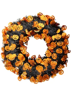 Large Black and Orange Tinsel Pumpkins Halloween Wreath
