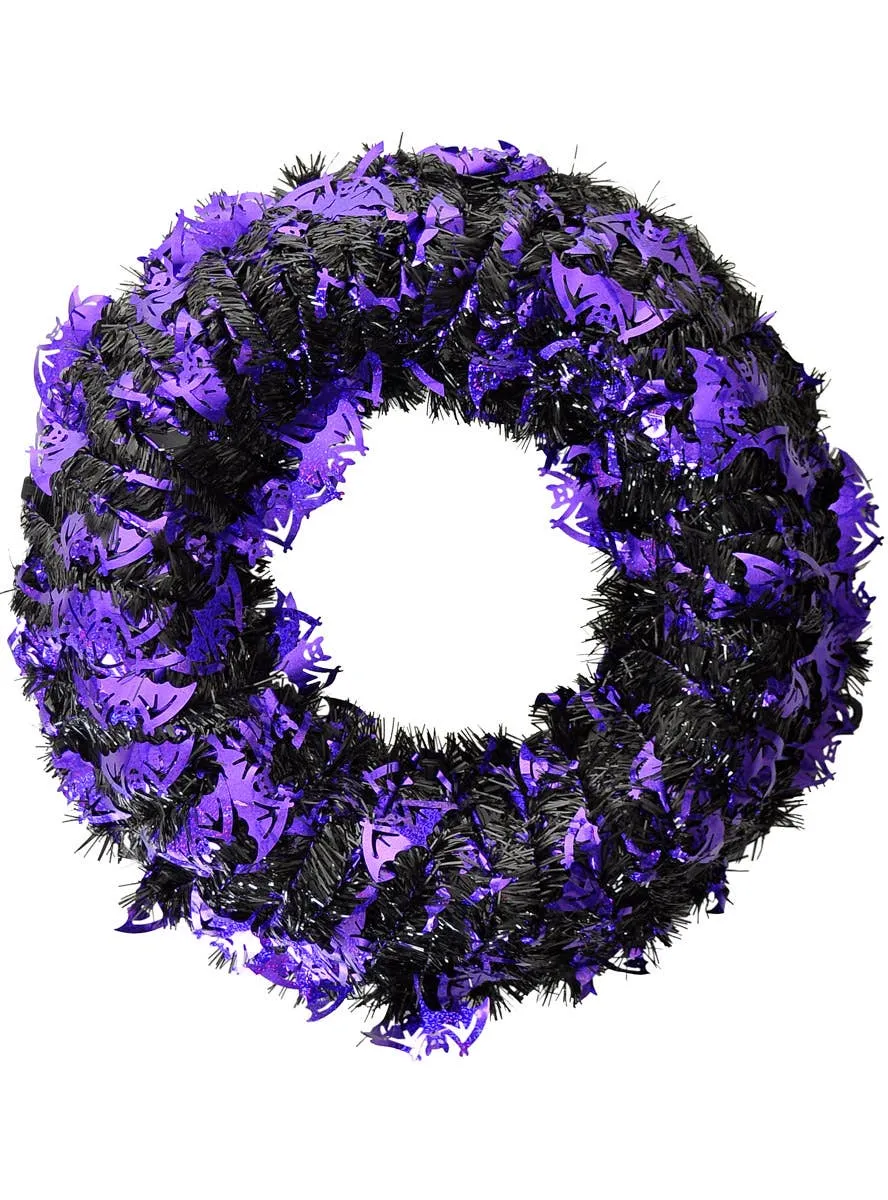 Large Black and Purple Tinsel Bats Halloween Wreath