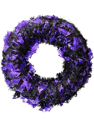 Large Black and Purple Tinsel Bats Halloween Wreath