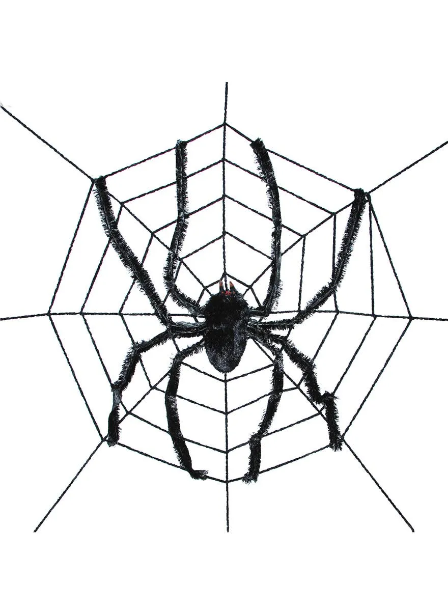 Large Black Spider Web with Furry Spider Halloween Decoration