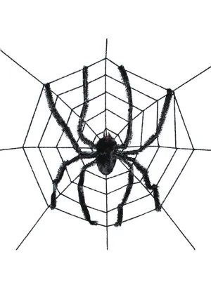 Large Black Spider Web with Furry Spider Halloween Decoration