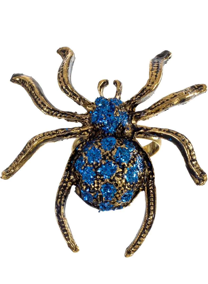 Large Gold Spider Costume Ring with Blue Glitter