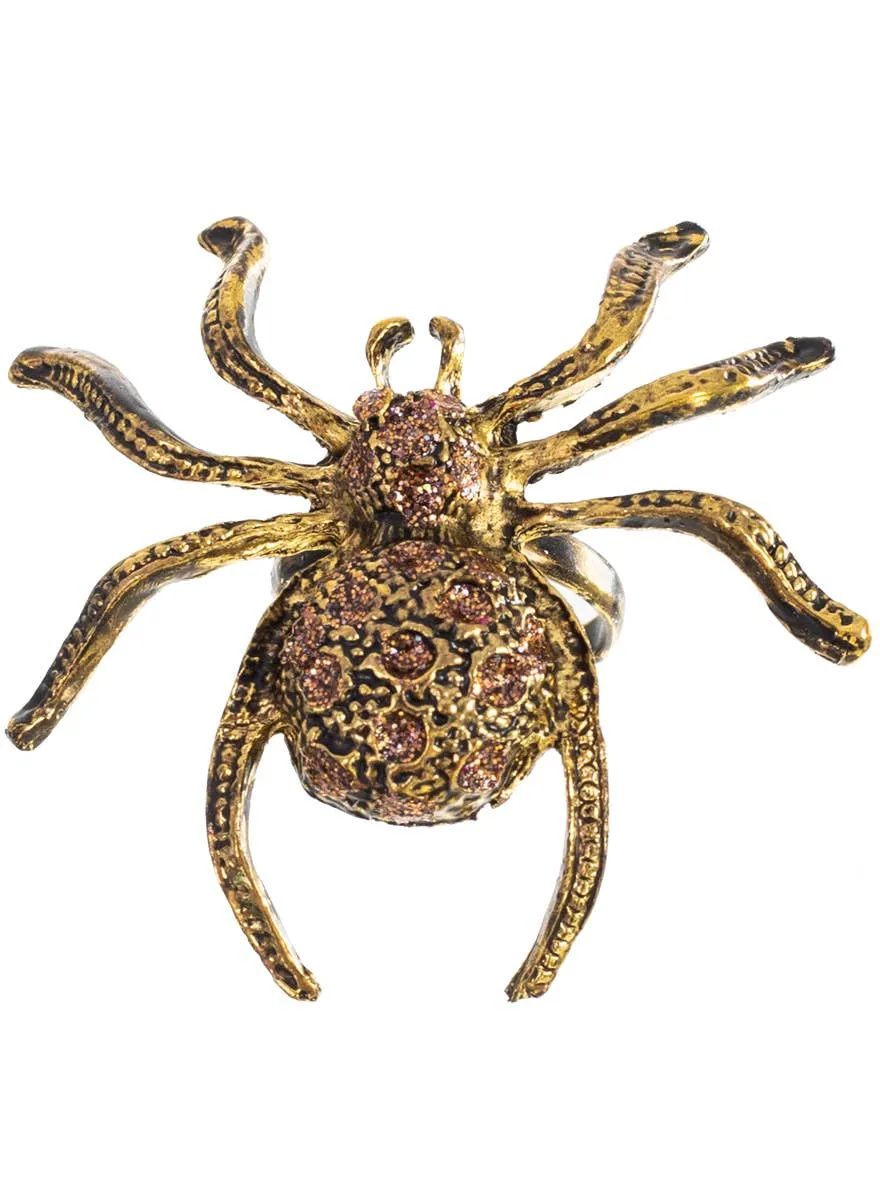 Large Gold Spider Costume Ring with Brown Glitter