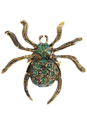 Large Gold Spider Costume Ring with Green Glitter