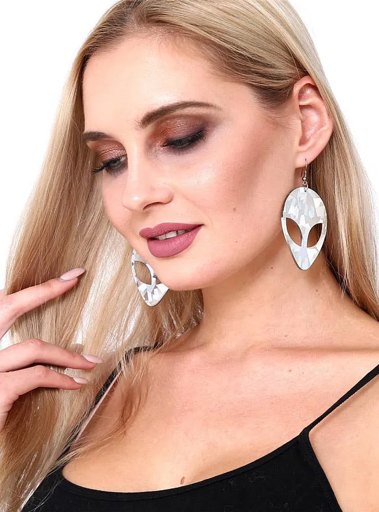 Large Holographic Silver Alien Costume Earrings