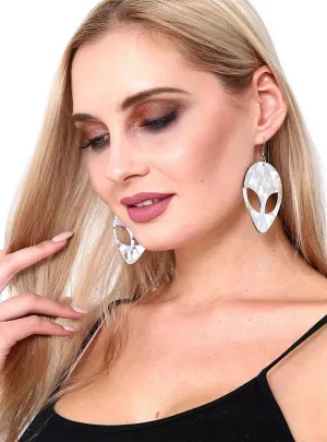 Large Holographic Silver Alien Costume Earrings