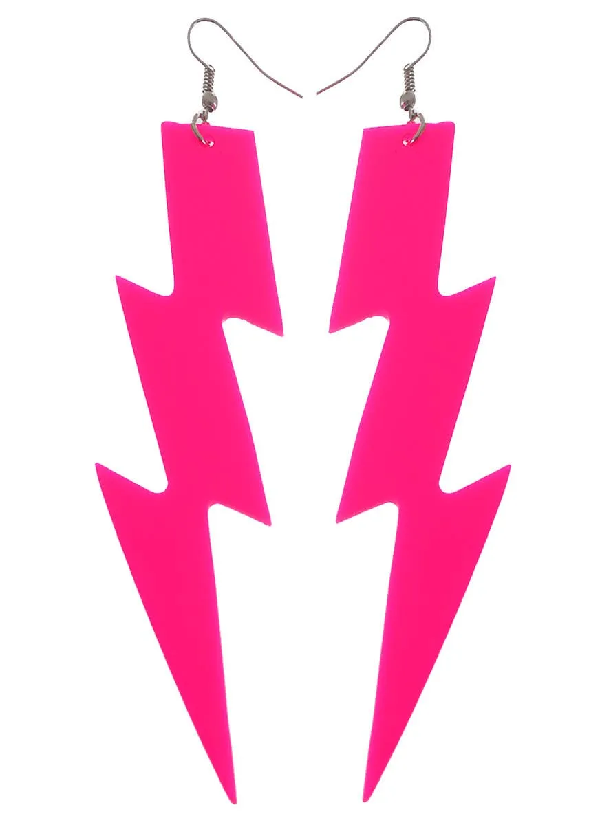 Large Neon Pink 80s Lightning Bolt Costume Earrings