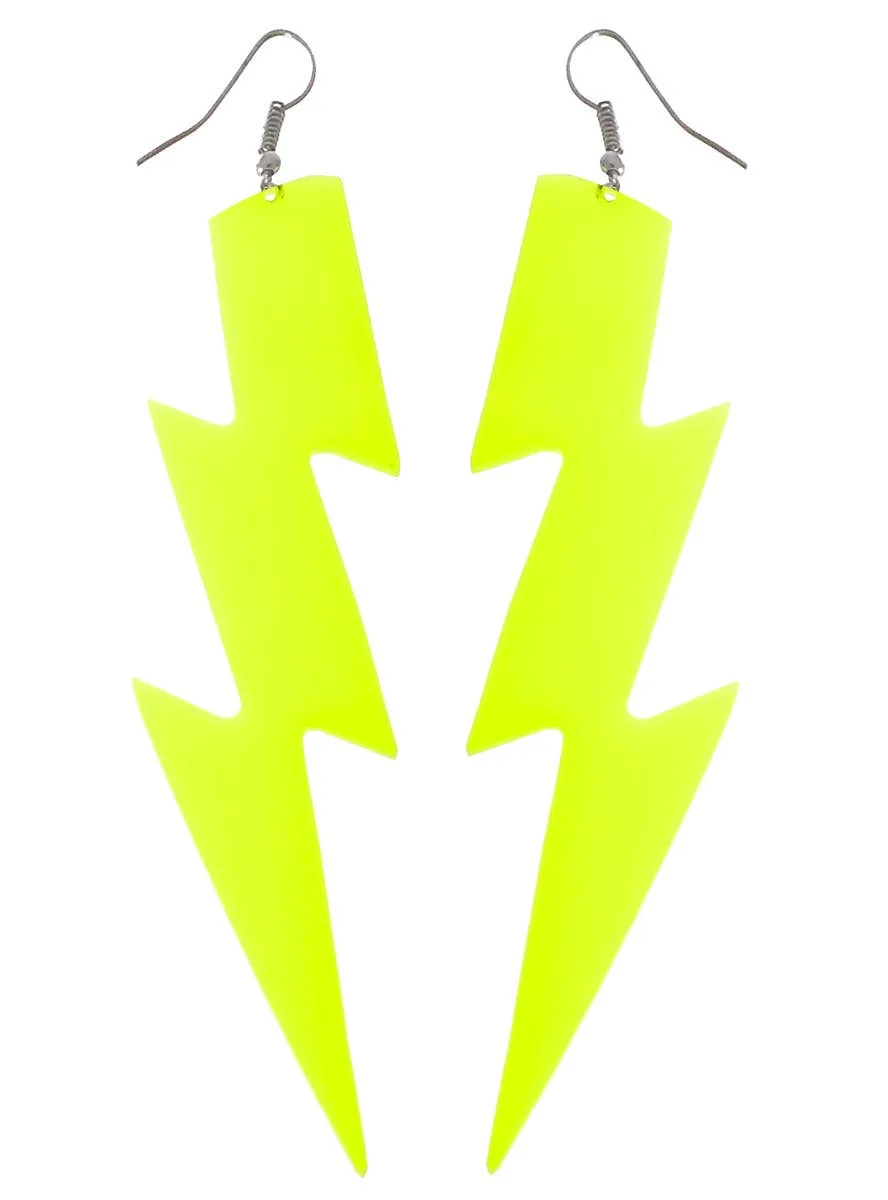 Large Neon Yellow 80s Lightning Bolt Costume Earrings