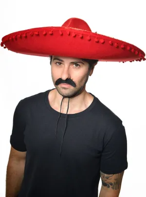 Large Red Mexican Sombrero Costume Hat with Pom Poms